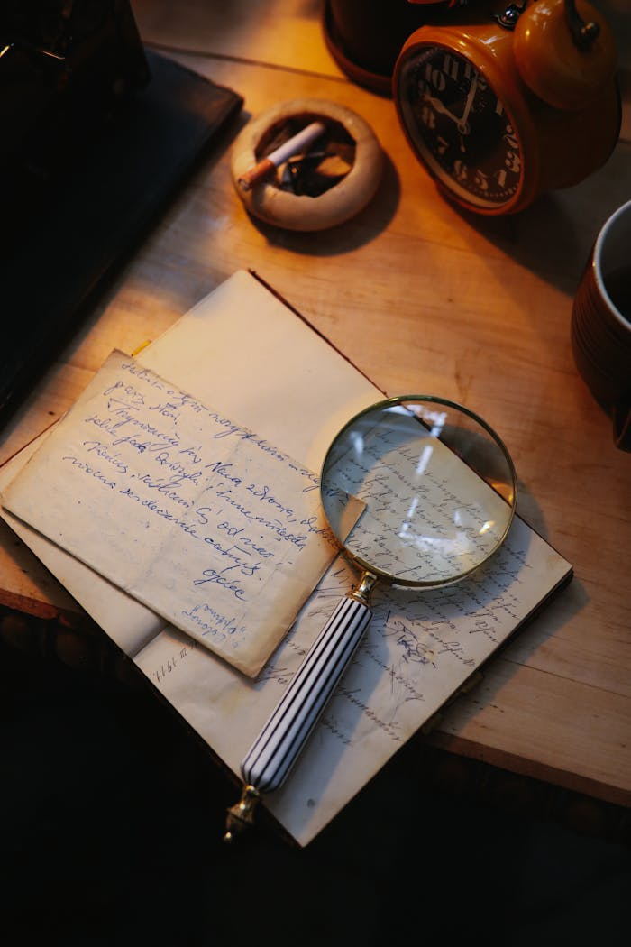 A cozy vintage setup featuring a magnifying glass, letters, and an old clock on a wooden desk.